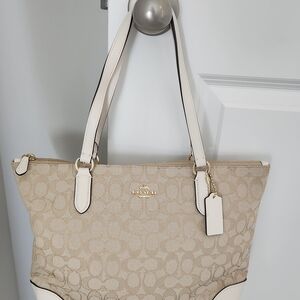 Coach Beige and White Signature Tote Bag